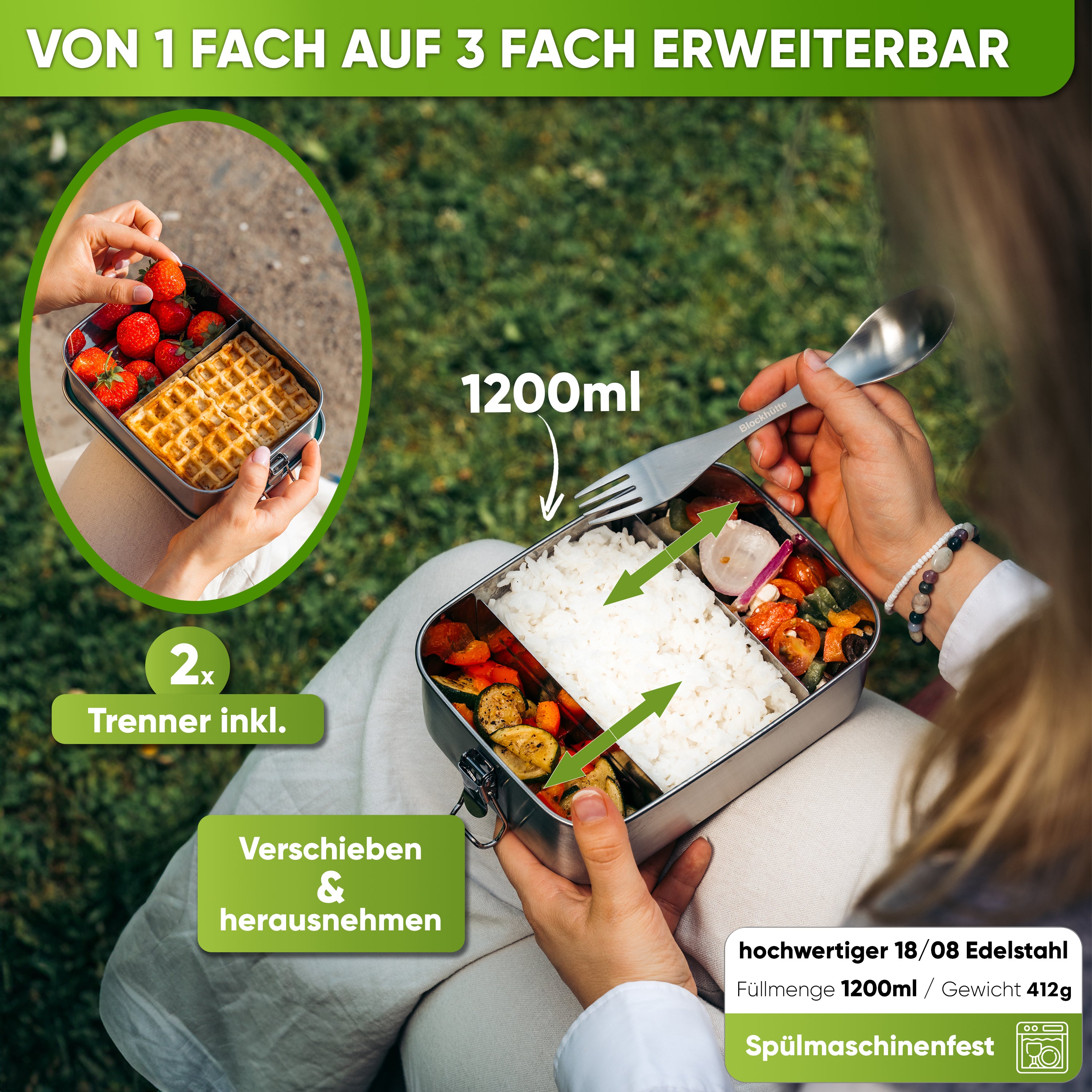 Premium Edelstahl Brotdose mit 2 Trennwänden