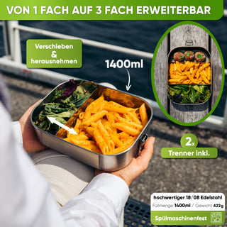 Premium Edelstahl Brotdose mit 2 Trennwänden