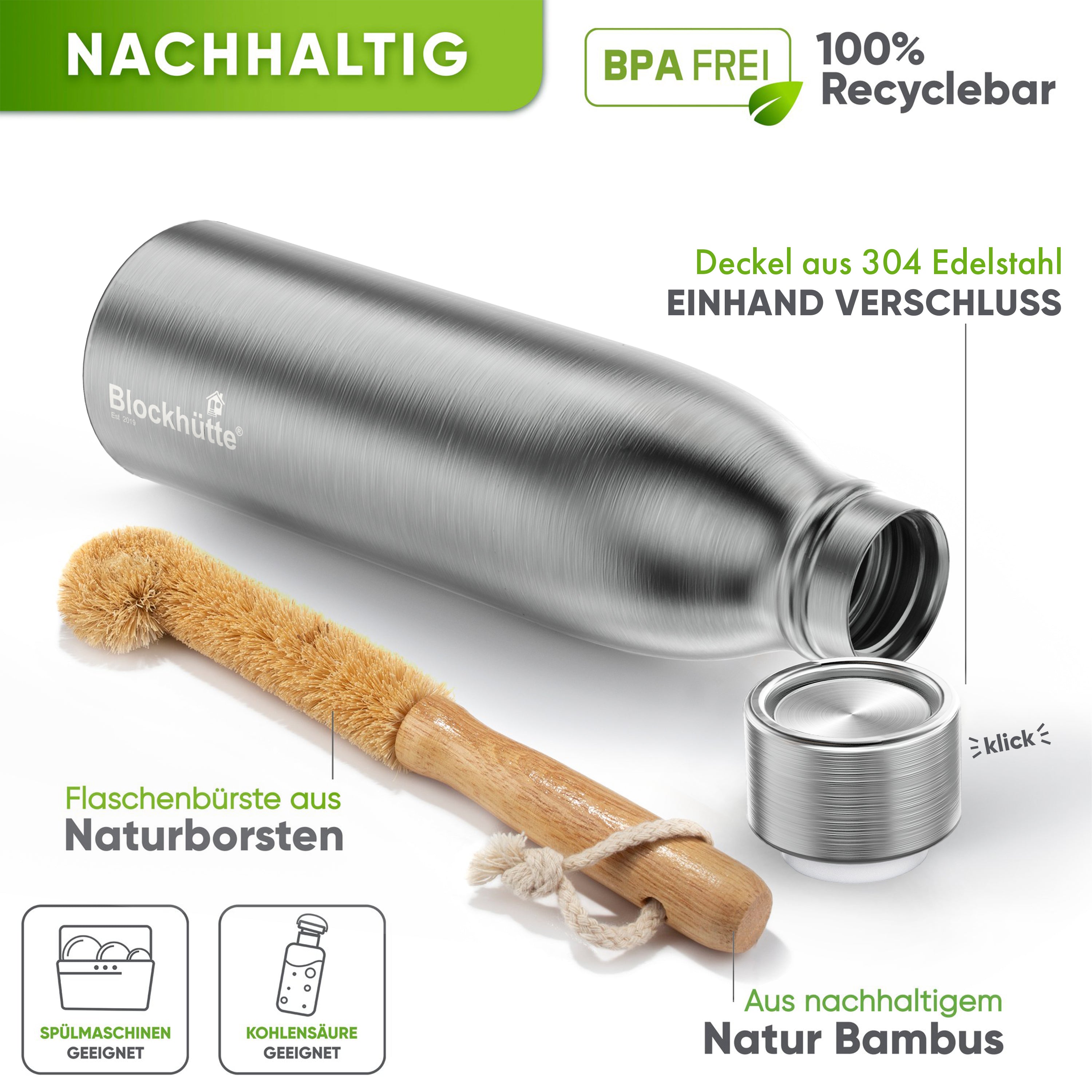 Premium Edelstahl Sport Trinkflasche isoliert mit [GRATIS Naturborsten - Bürste] | 1000ml |