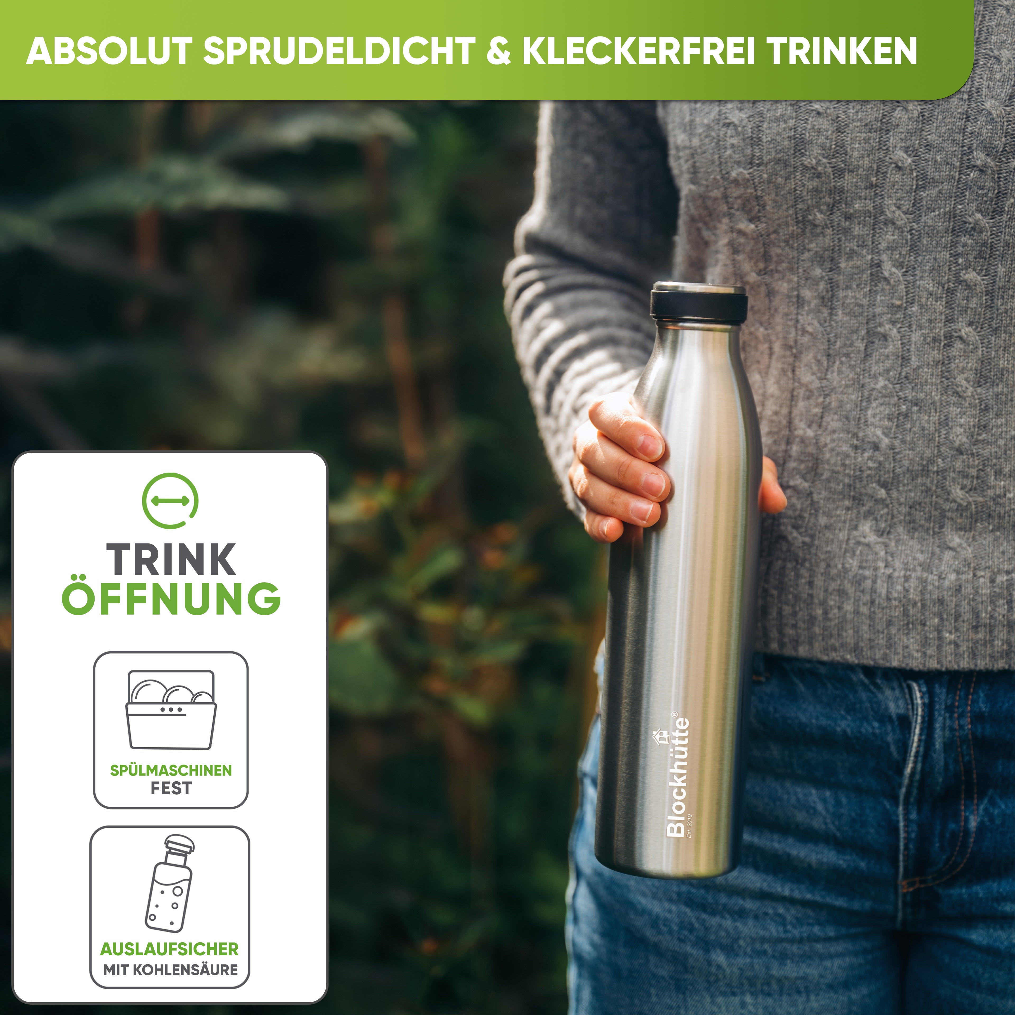 Premium Edelstahl Sport Trinkflasche isoliert mit [GRATIS Naturborsten - Bürste]