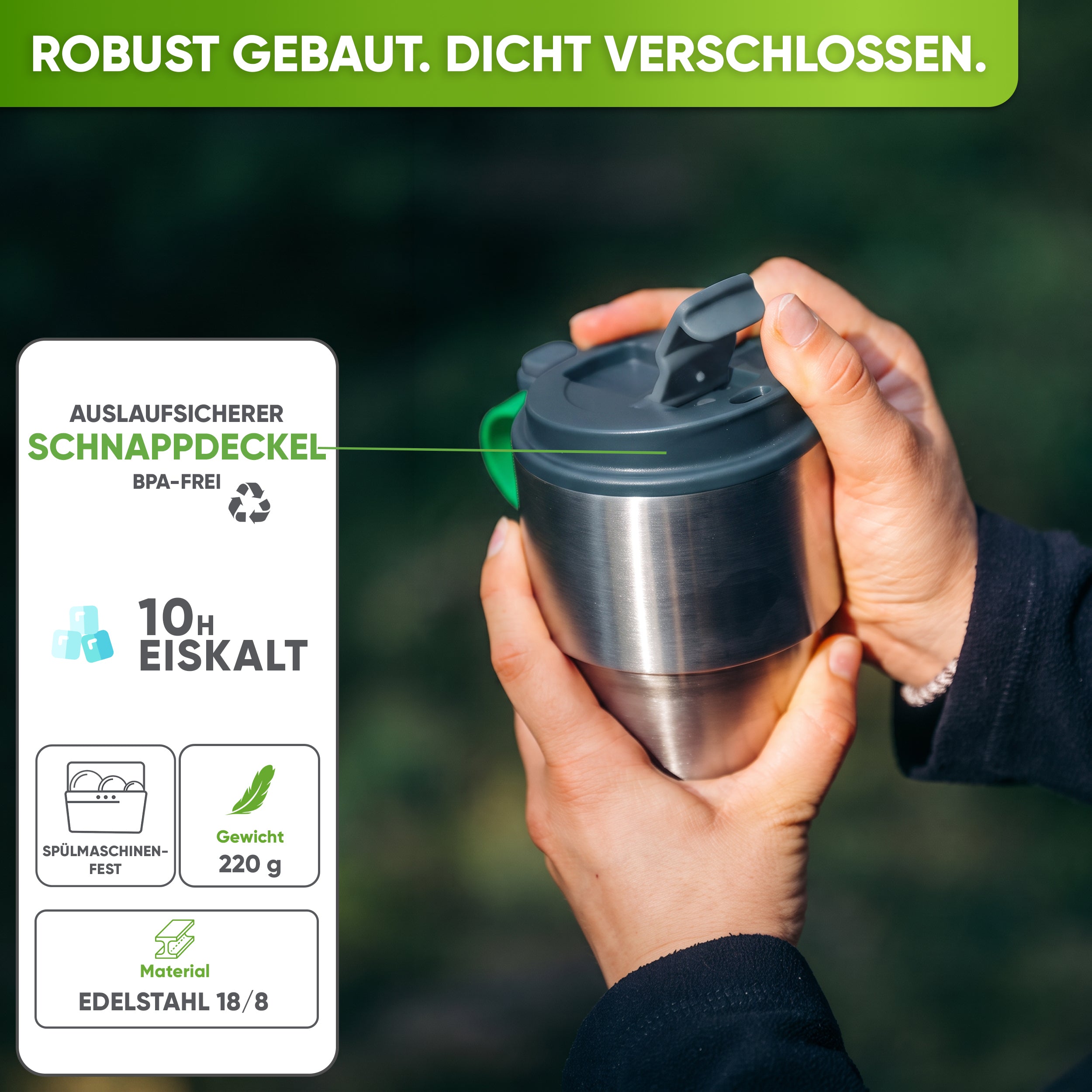 Isolierter Edelstahl Thermobecher für Kaffee und Tee – Grau, 350ml, Ansicht 1