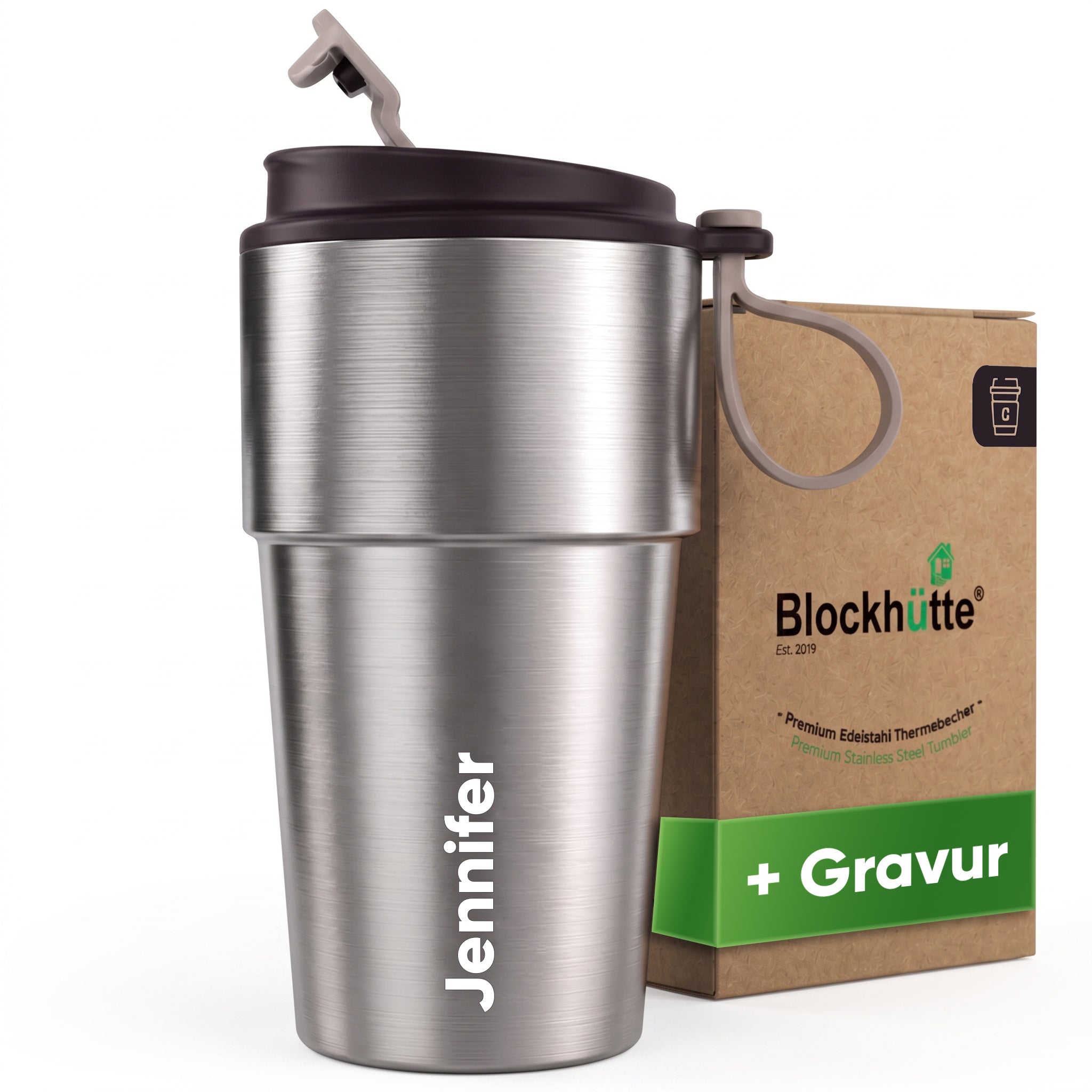 Edelstahl Isolier-Thermobecher mit Namensgravur für Kaffee & Tee – Braun, 500ml