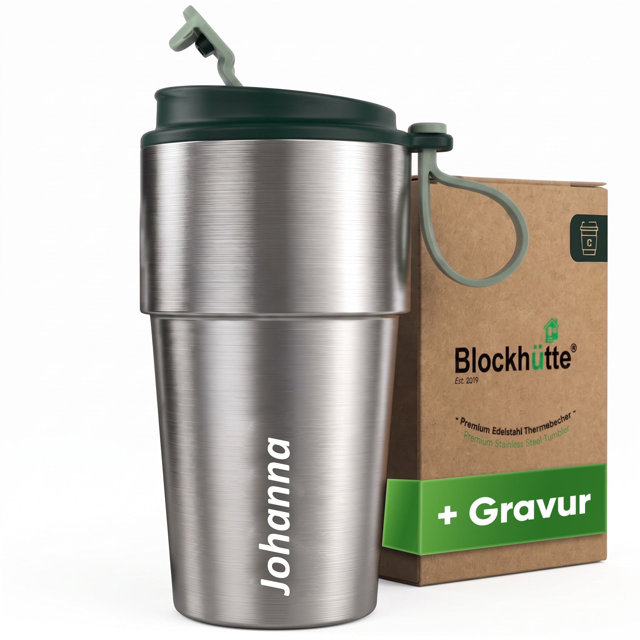 Edelstahl Isolier-Thermobecher mit Namensgravur für Kaffee & Tee – Dunkelgrün, 500ml