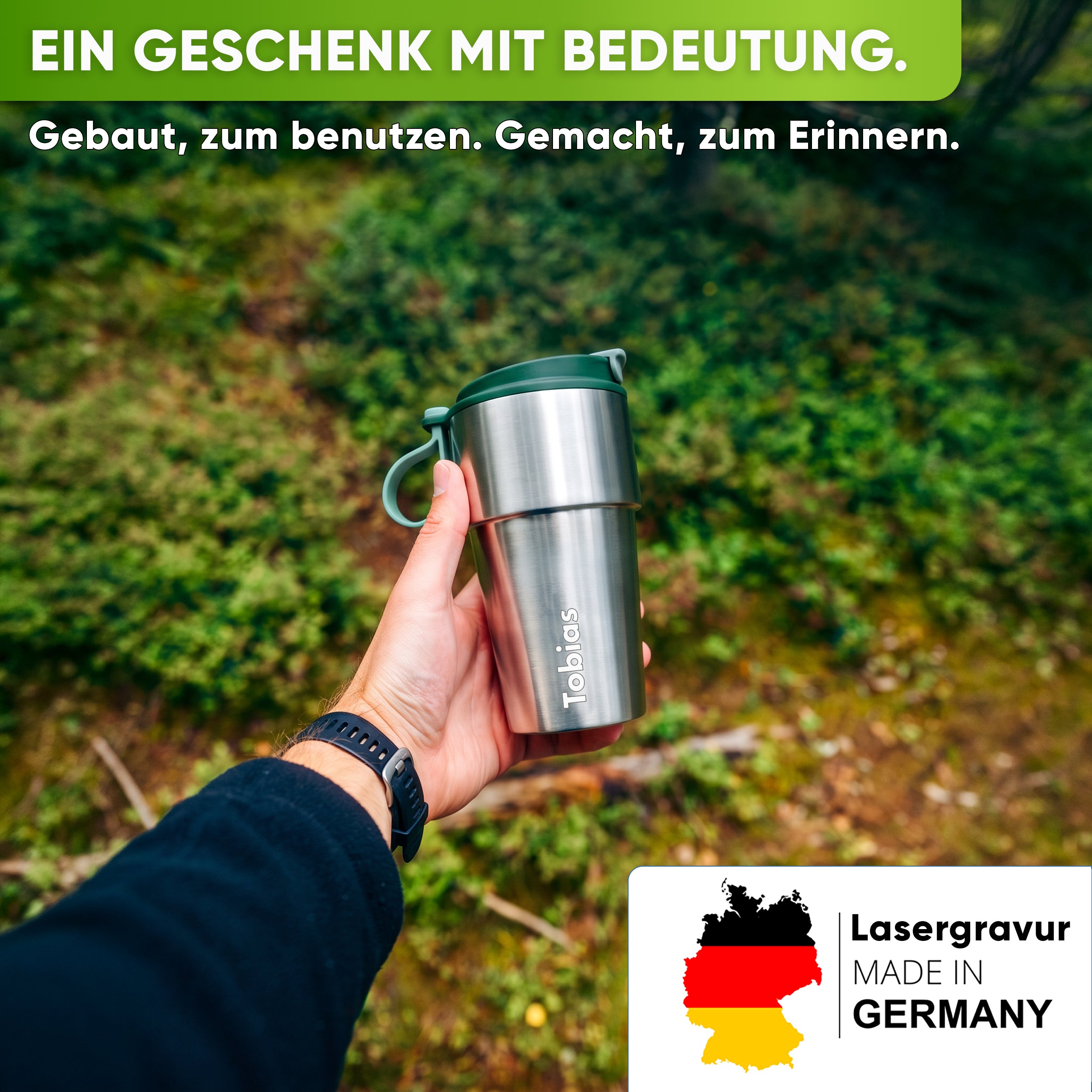 Edelstahl Isolier-Thermobecher mit Namensgravur für Kaffee & Tee – Dunkelgrün, 500ml, Ansicht 1