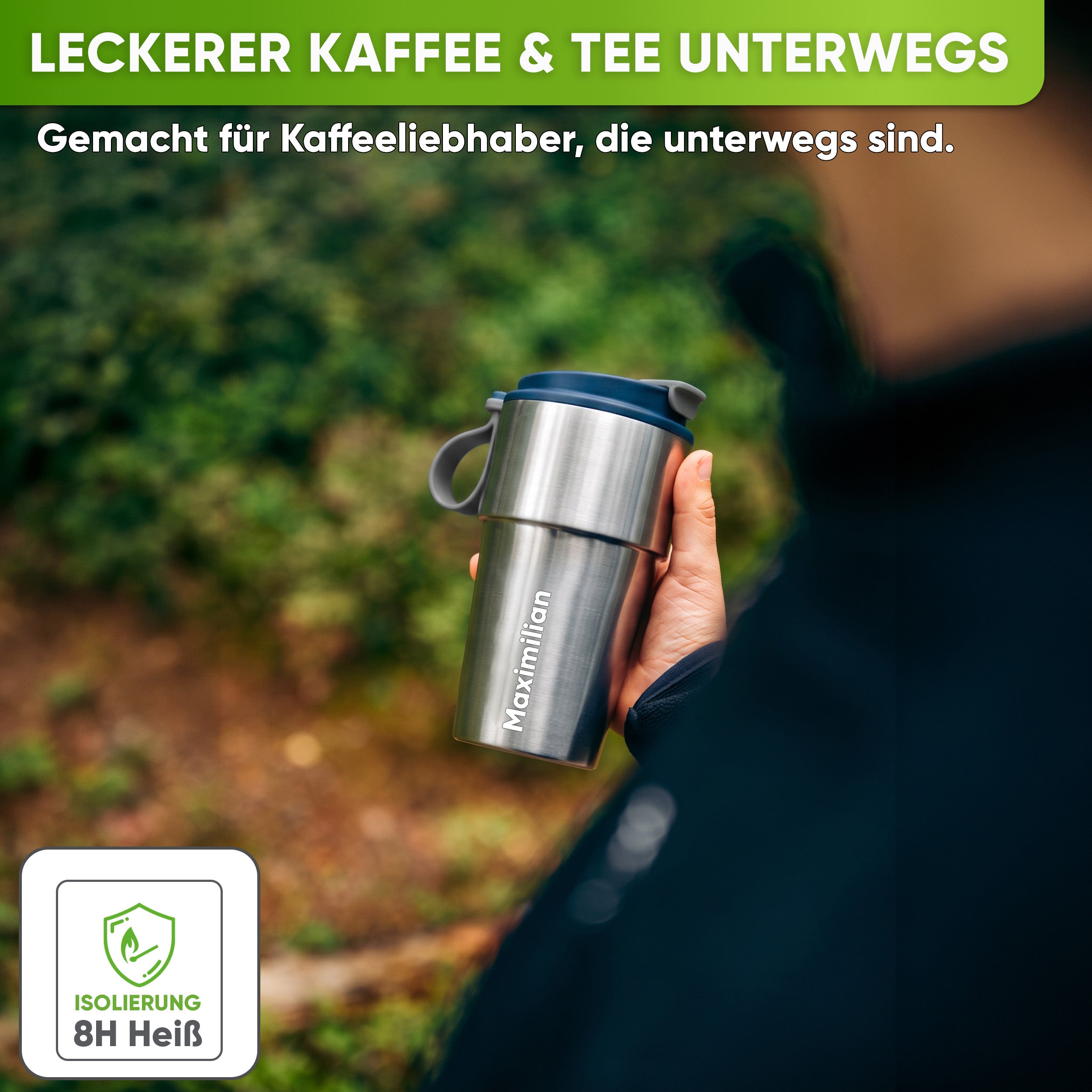 Edelstahl Isolier-Thermobecher mit Namensgravur für Kaffee & Tee – Dunkelblau, 500ml, Ansicht 2
