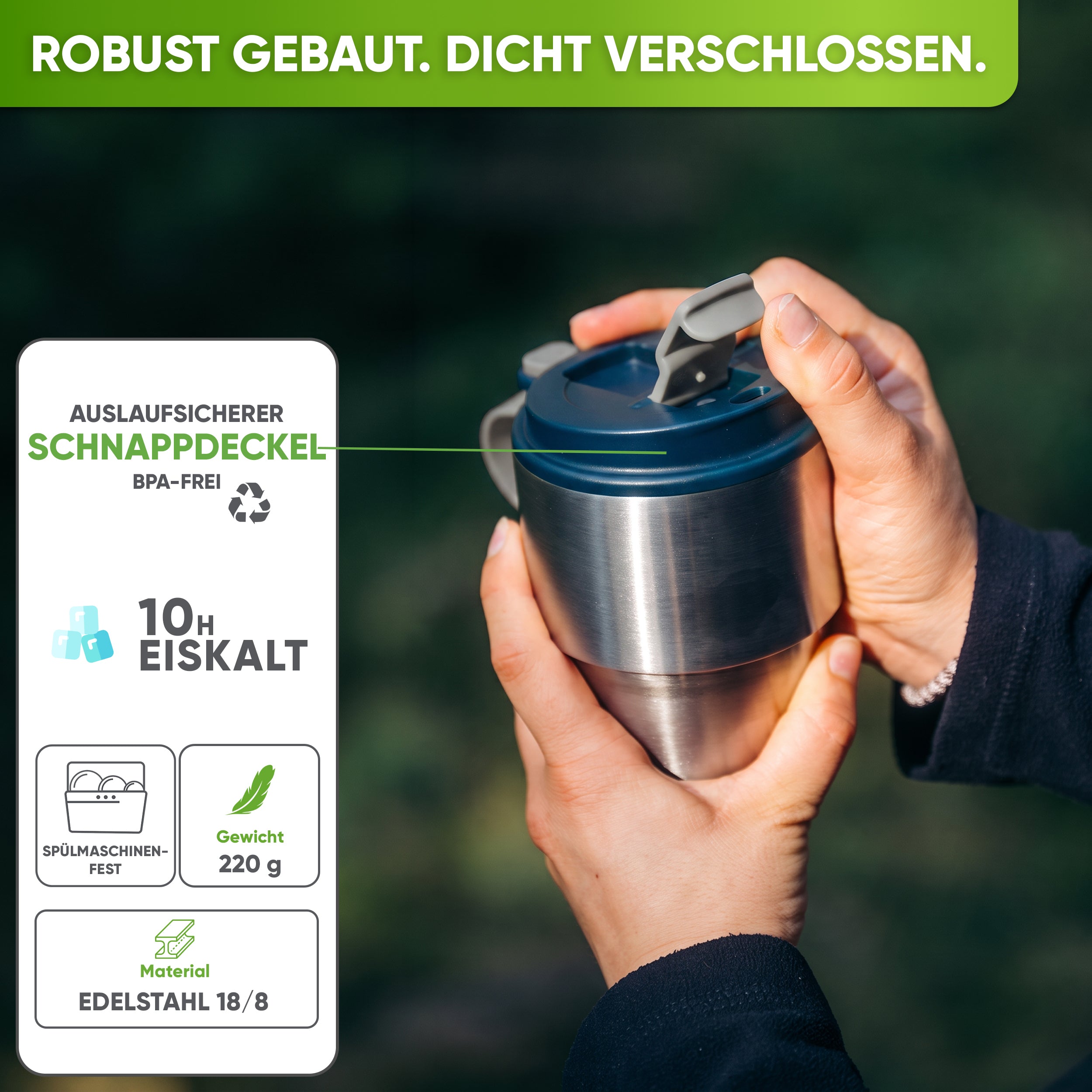 Edelstahl Isolier-Thermobecher mit Namensgravur für Kaffee & Tee – Dunkelblau, 350ml, Ansicht 3