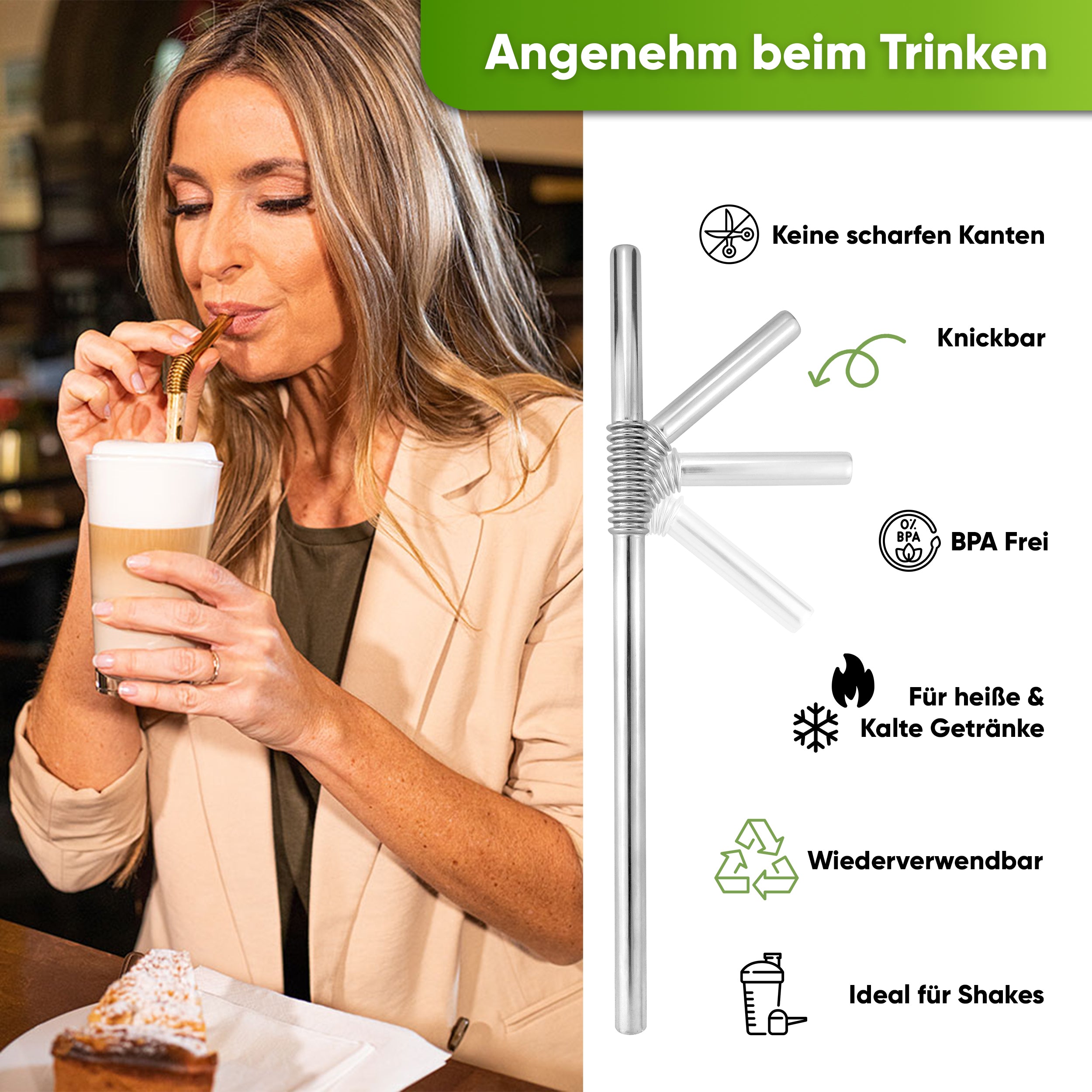 Premium Edelstahl Knick Strohhalme I 4er Set I 270 Grad I 22cm Länge