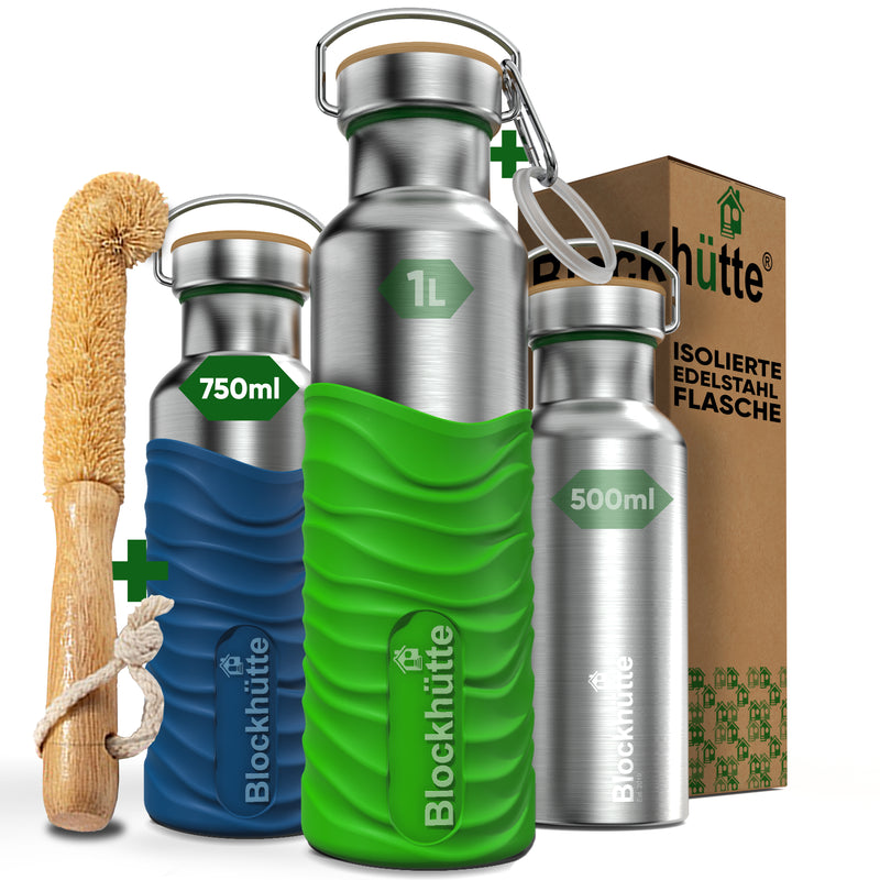 Premium Edelstahl Trinkflasche isoliert mit Silikonmantel - Blockhütte - 