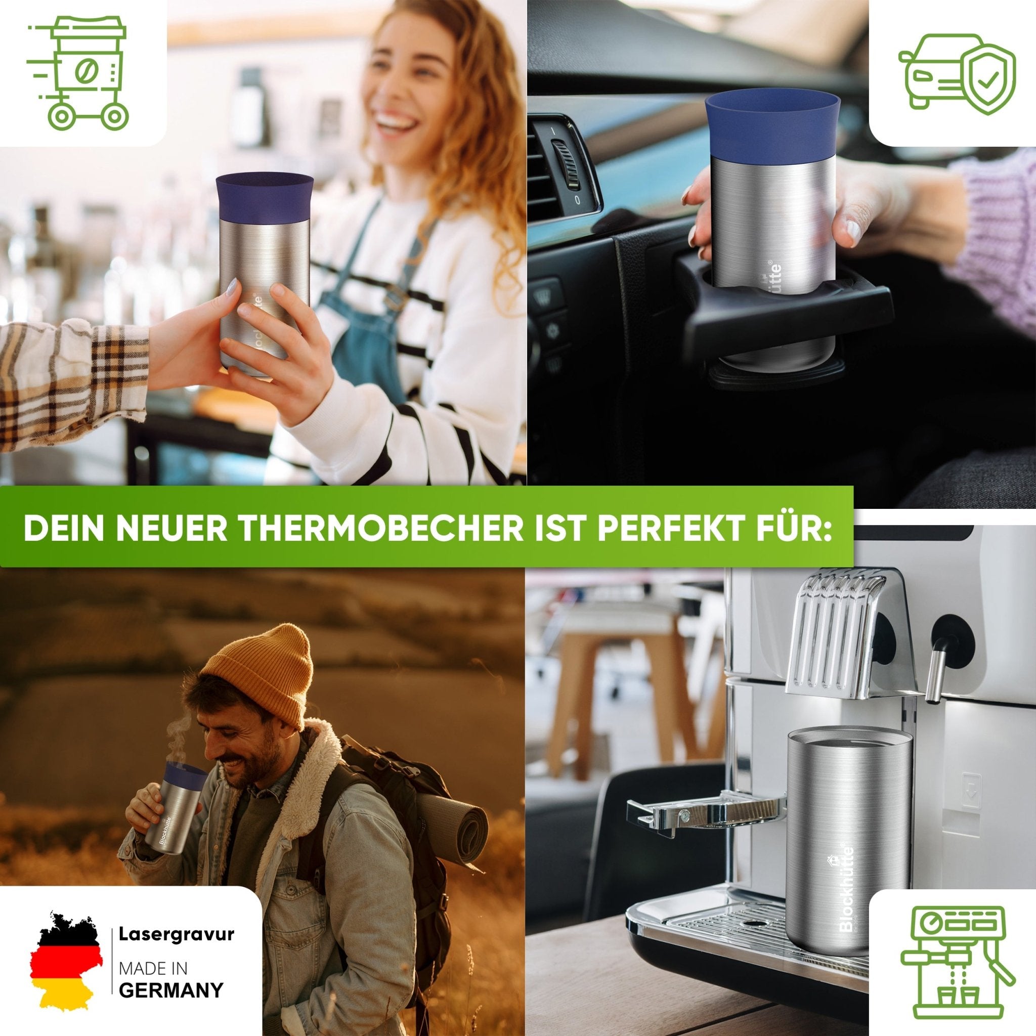 Individual Gravur für den Edelstahl Thermobecher | Blockhütte | Größe: 354ml | Farbe: Schwarz