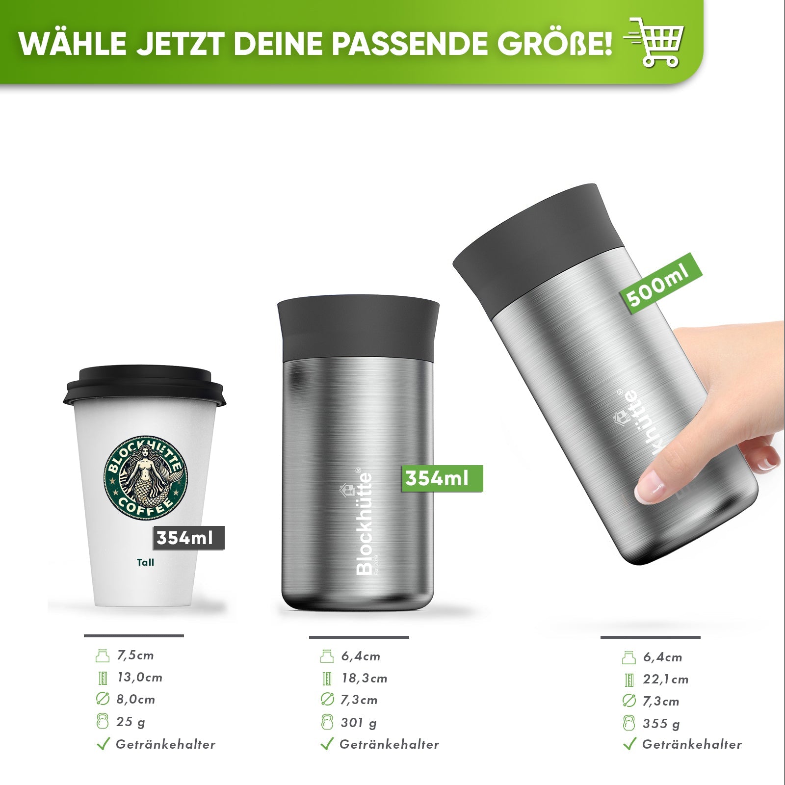 Thermobecher Edelstahl für Kaffee und Tee | 354ml | Schwarz