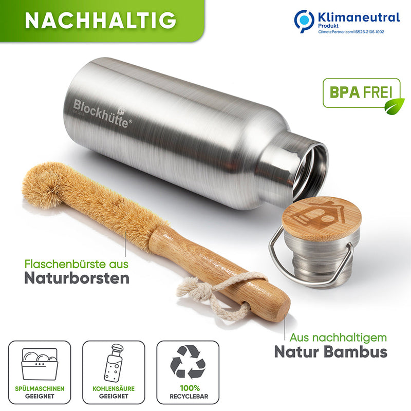 Premium Edelstahl Trinkflasche isoliert mit [GRATIS Bürste] - Blockhütte - wasserflasche trinkflasche thermoskanne thermosflasche thermobecher water bottle thermoskanne 1l klean kanteen wasserflaschen thermotrinkflasche thermosflaschen soulbottle getränkeflasche aluflasche