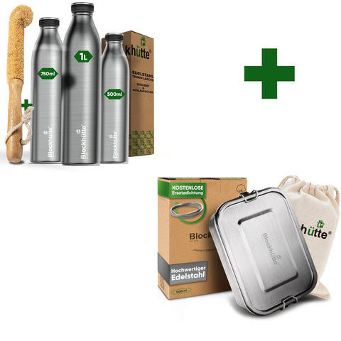 Alltags Bundle - Edelstahl Brotdose + Edelstahl Sport Trinkflasche | Edelstahl Sport Trinkflasche: 350ml | Edelstahl Brotdose: 1400ml