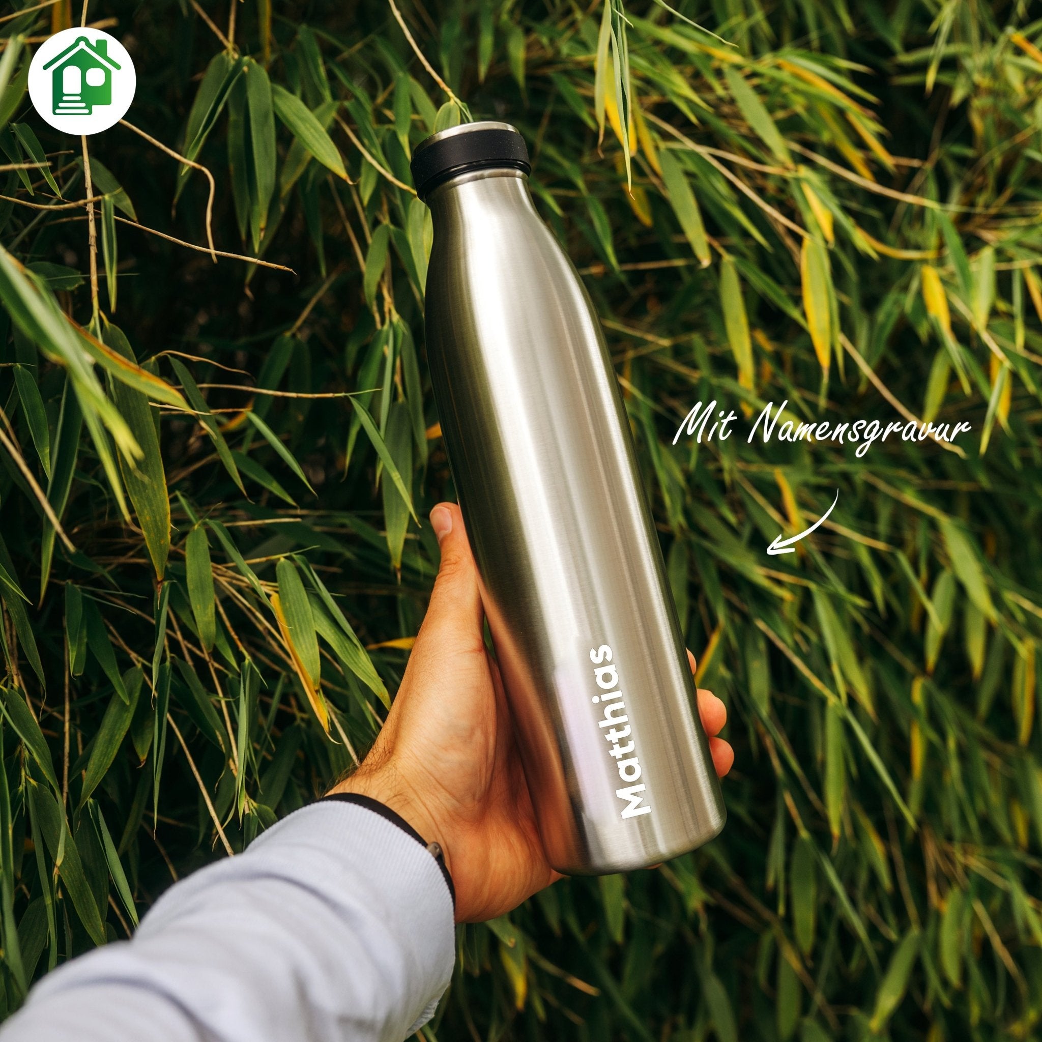 Individual Gravur für die Edelstahl Sport Trinkflasche - Blockhütte - I_SP-TFL_1000