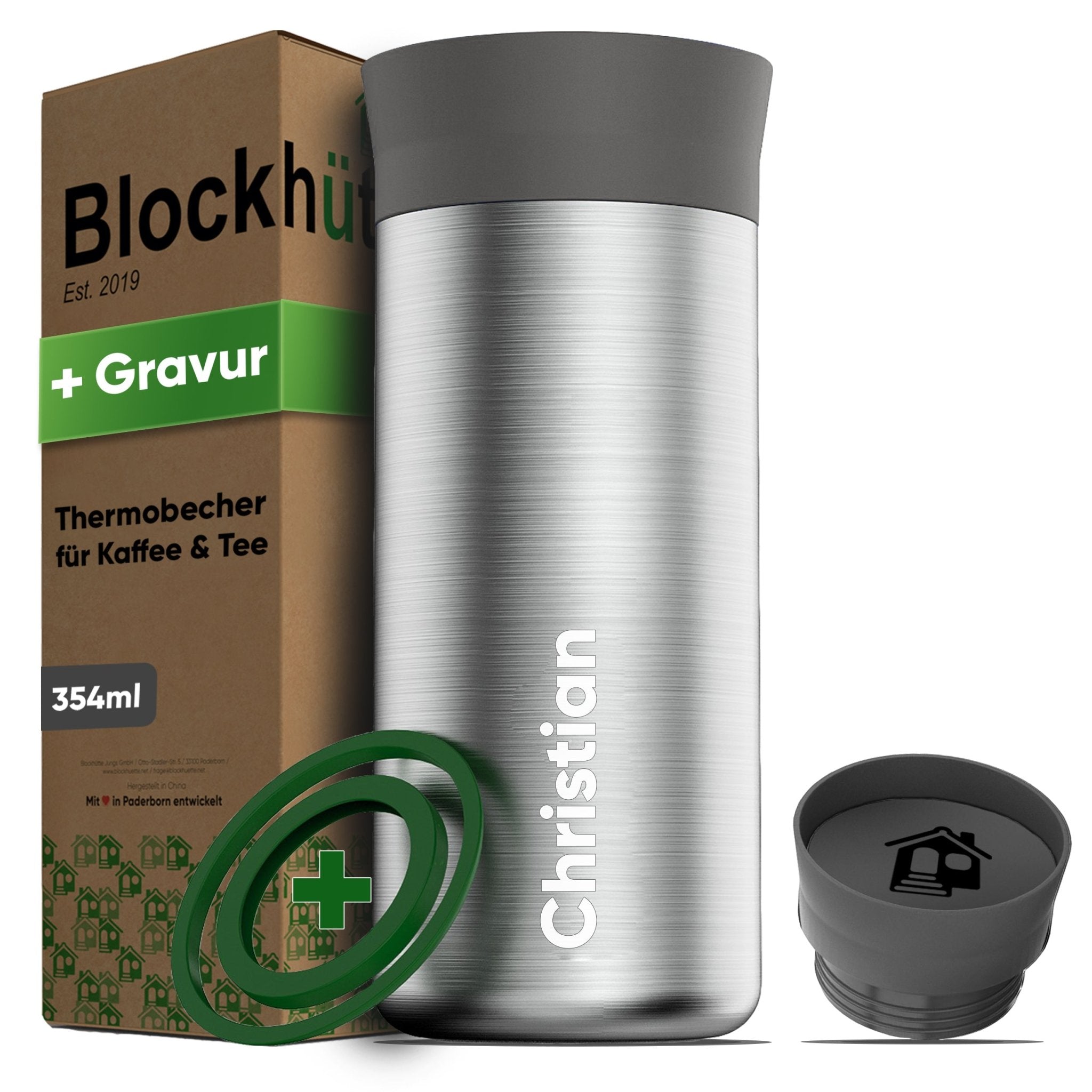 Individual Gravur für den Edelstahl Thermobecher | Blockhütte | Größe: 354ml | Farbe: Schwarz