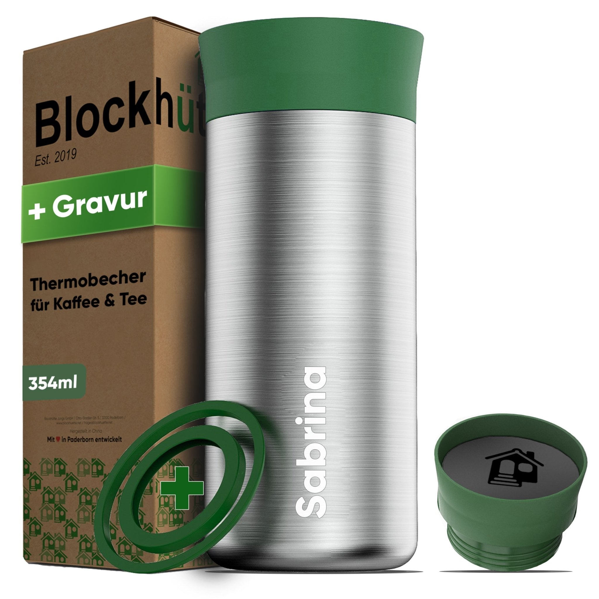 Individual Gravur für den Edelstahl Thermobecher | Blockhütte | Größe: 354ml | Farbe: Dunkelgrün