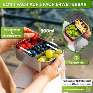 Premium Edelstahl Brotdose mit 2 Trennwänden - Blockhütte - BH0001