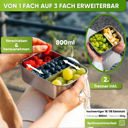 Premium Edelstahl Brotdose mit 2 Trennwänden - Blockhütte - BH0001