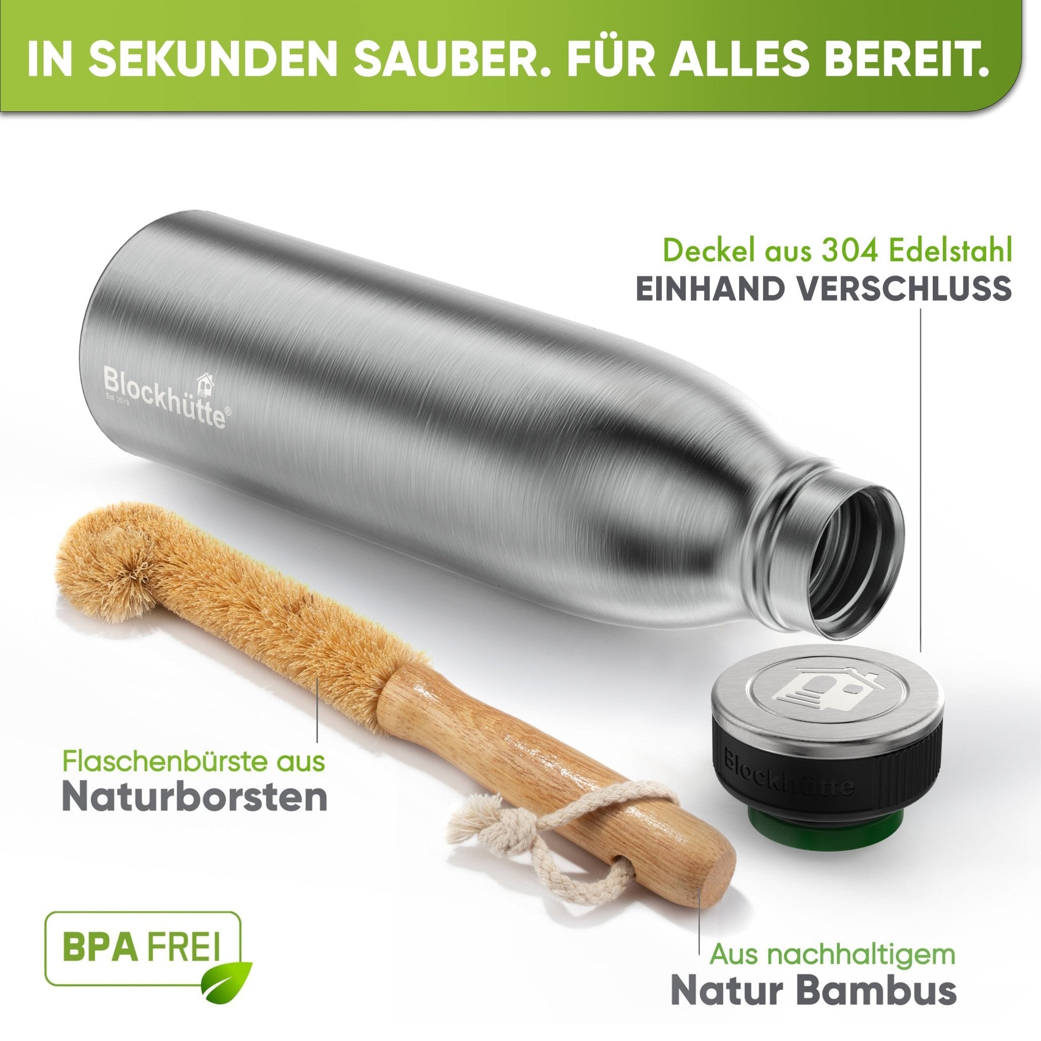 Premium Edelstahl Sport Trinkflasche isoliert mit [GRATIS Naturborsten - Bürste] - Blockhütte - BH0016