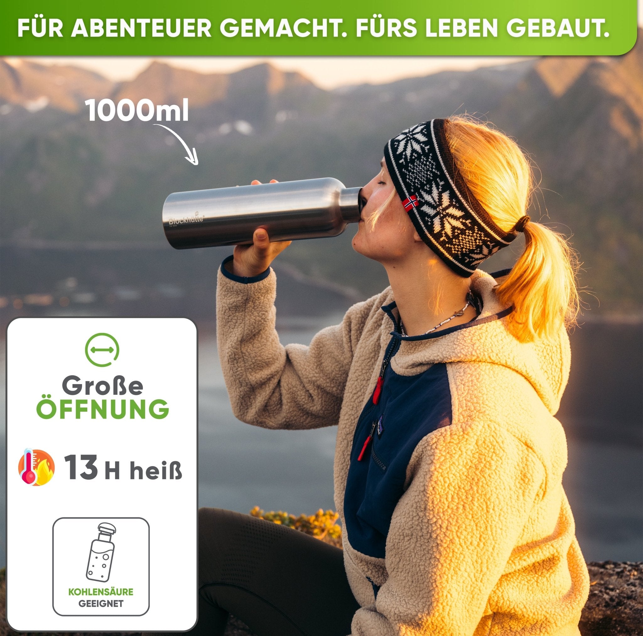 Premium Edelstahl Trinkflasche isoliert - Blockhütte - BH0007