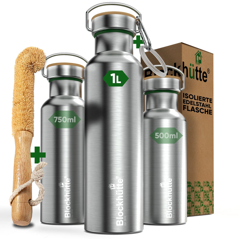 Premium Edelstahl Trinkflasche isoliert - Blockhütte - BH0013