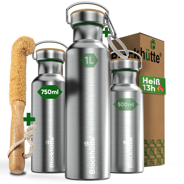 Premium Edelstahl Trinkflasche isoliert - Blockhütte - BH0013