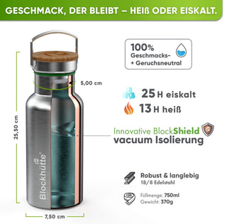 Premium Edelstahl Trinkflasche isoliert - Blockhütte - BH0013