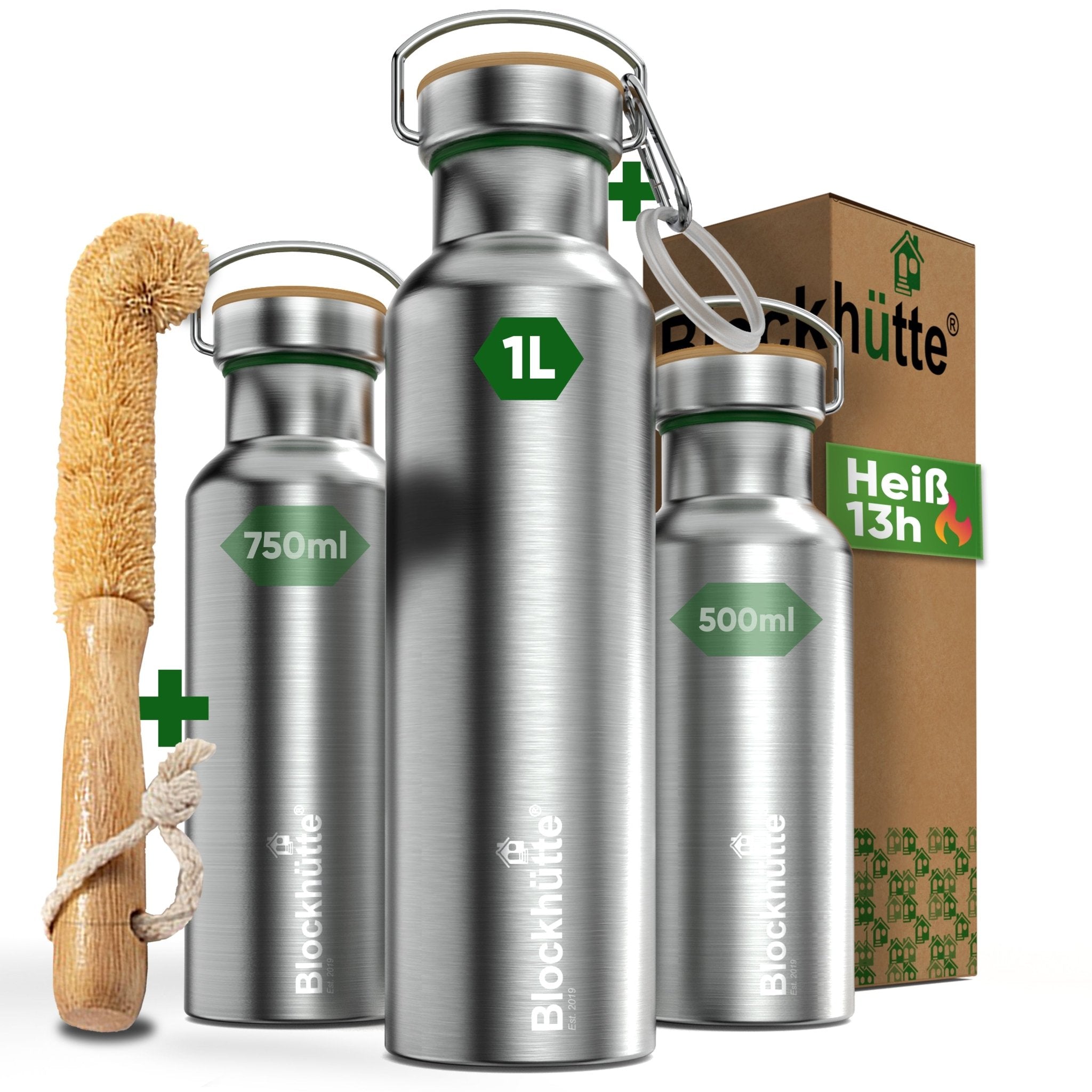 Premium Edelstahl Trinkflasche isoliert - Blockhütte - BH0013