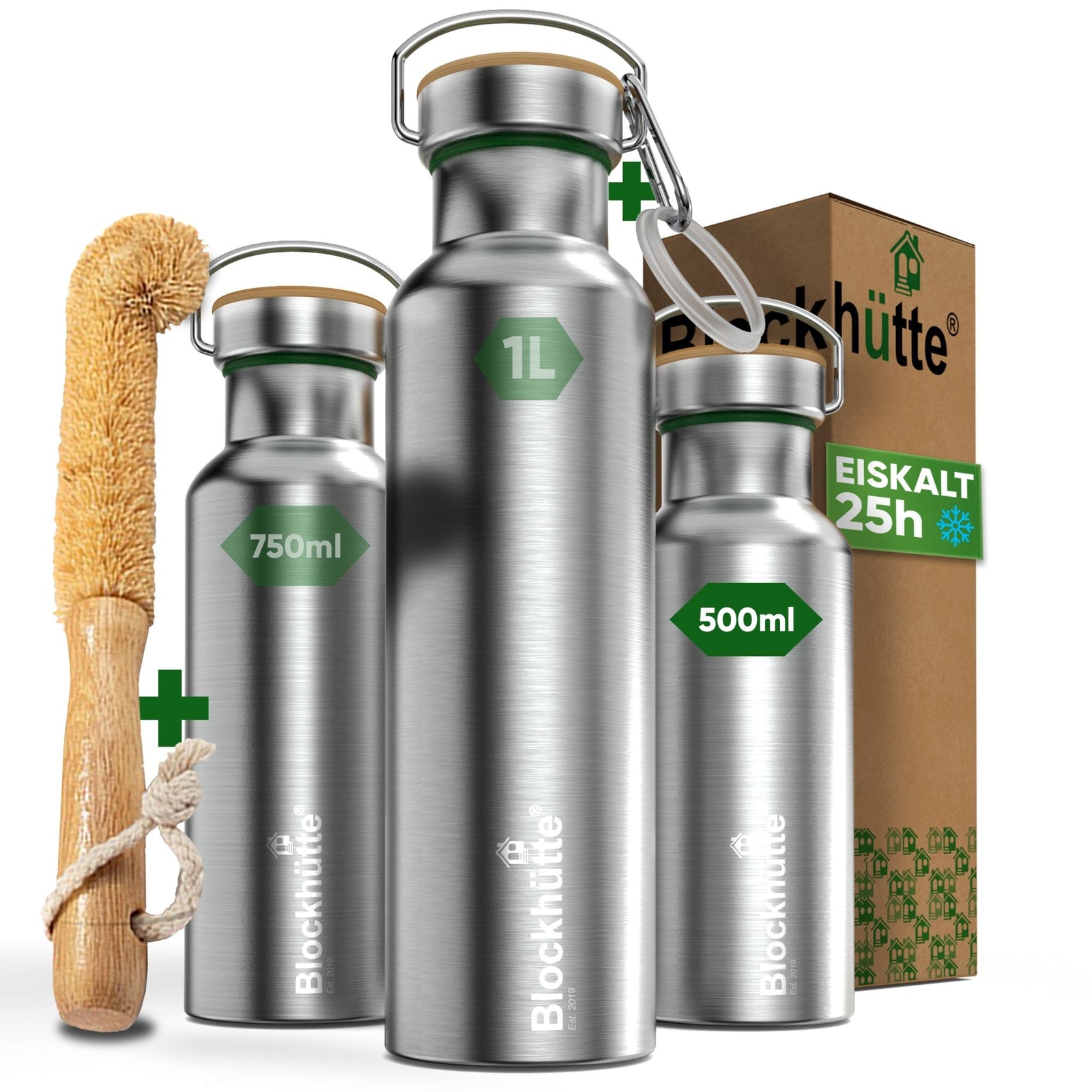 Premium Edelstahl Trinkflasche isoliert mit [GRATIS Bürste] - Blockhütte - BH0006