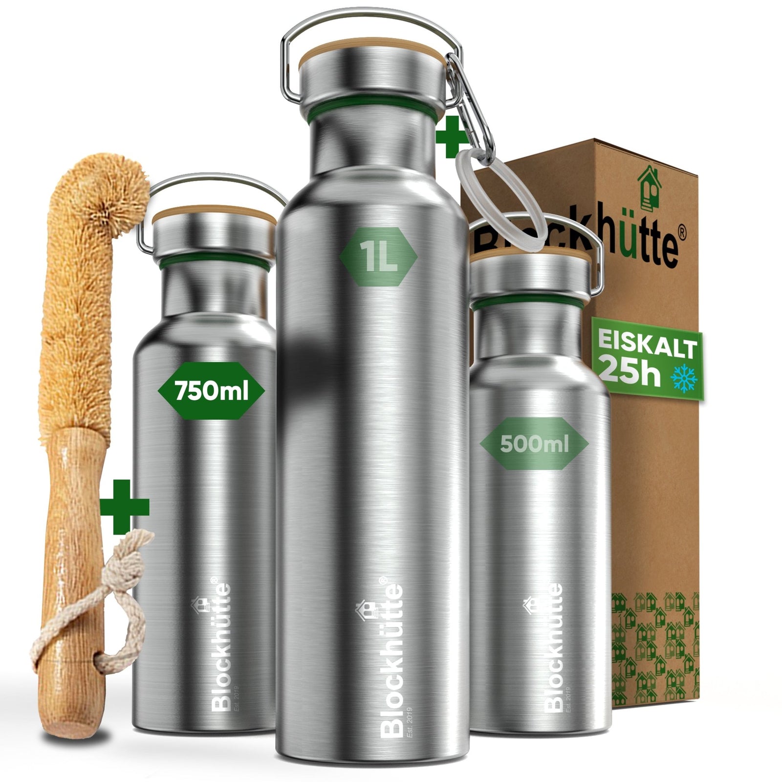 Premium Edelstahl Trinkflasche isoliert mit [GRATIS Bürste] - Blockhütte - BH0007