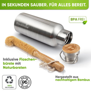 Premium Edelstahl Trinkflasche isoliert mit [GRATIS Bürste] - Blockhütte - BH0013