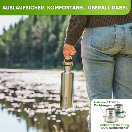 Premium Edelstahl Trinkflasche isoliert mit [GRATIS Bürste] - Blockhütte - BH0013