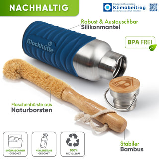 Premium Edelstahl Trinkflasche isoliert mit Silikonmantel - Blockhütte - BH0007-BLAU
