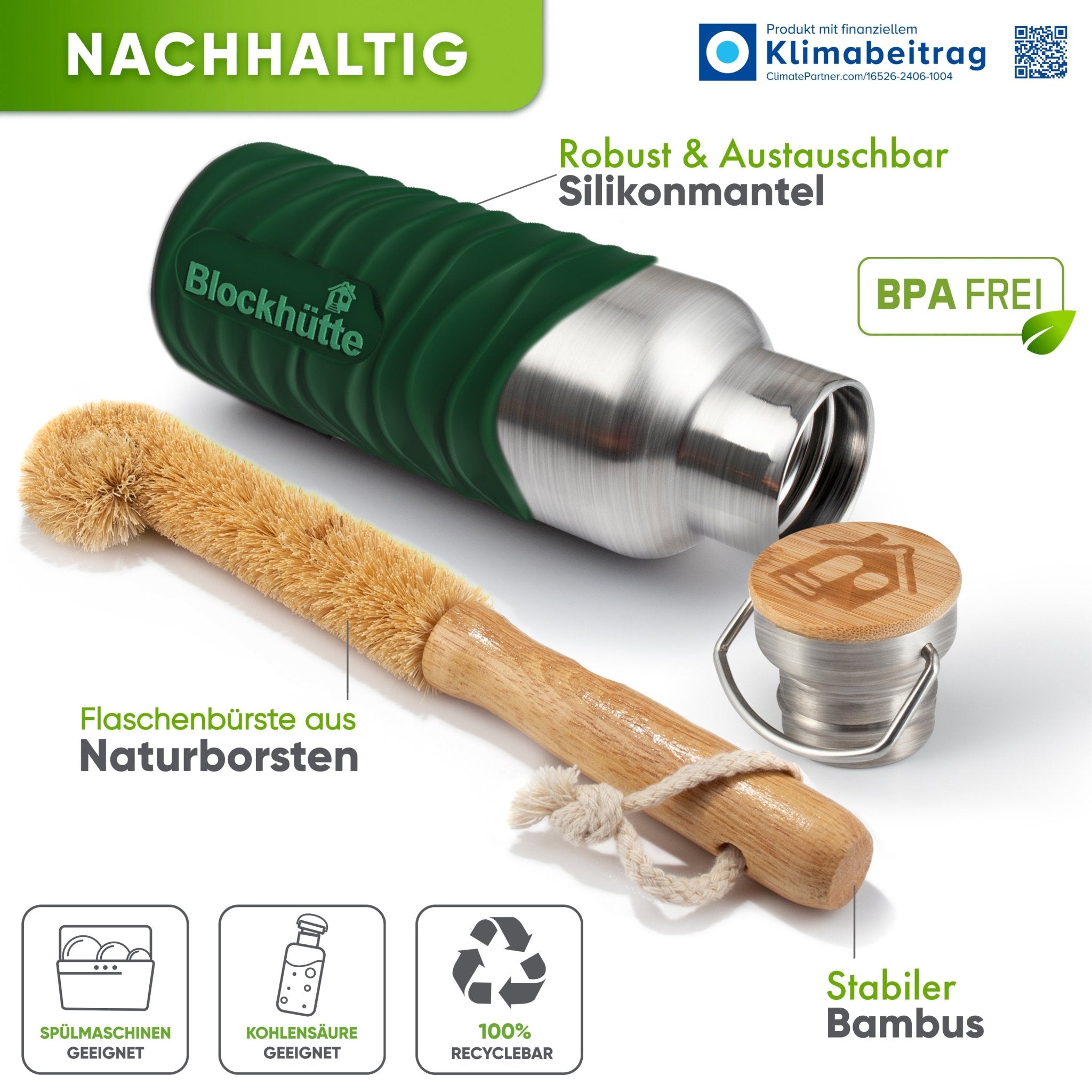 Premium Edelstahl Trinkflasche isoliert mit Silikonmantel - Blockhütte - BH0007-BLAU