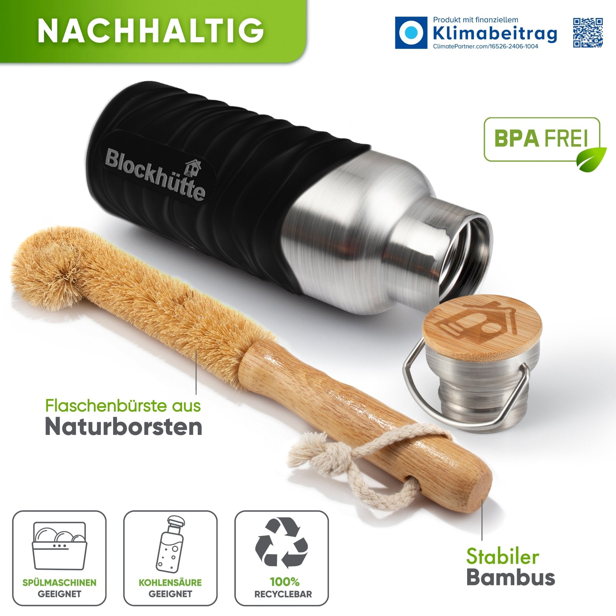 Premium Edelstahl Trinkflasche isoliert mit Silikonmantel - Blockhütte - BH0007-BLAU