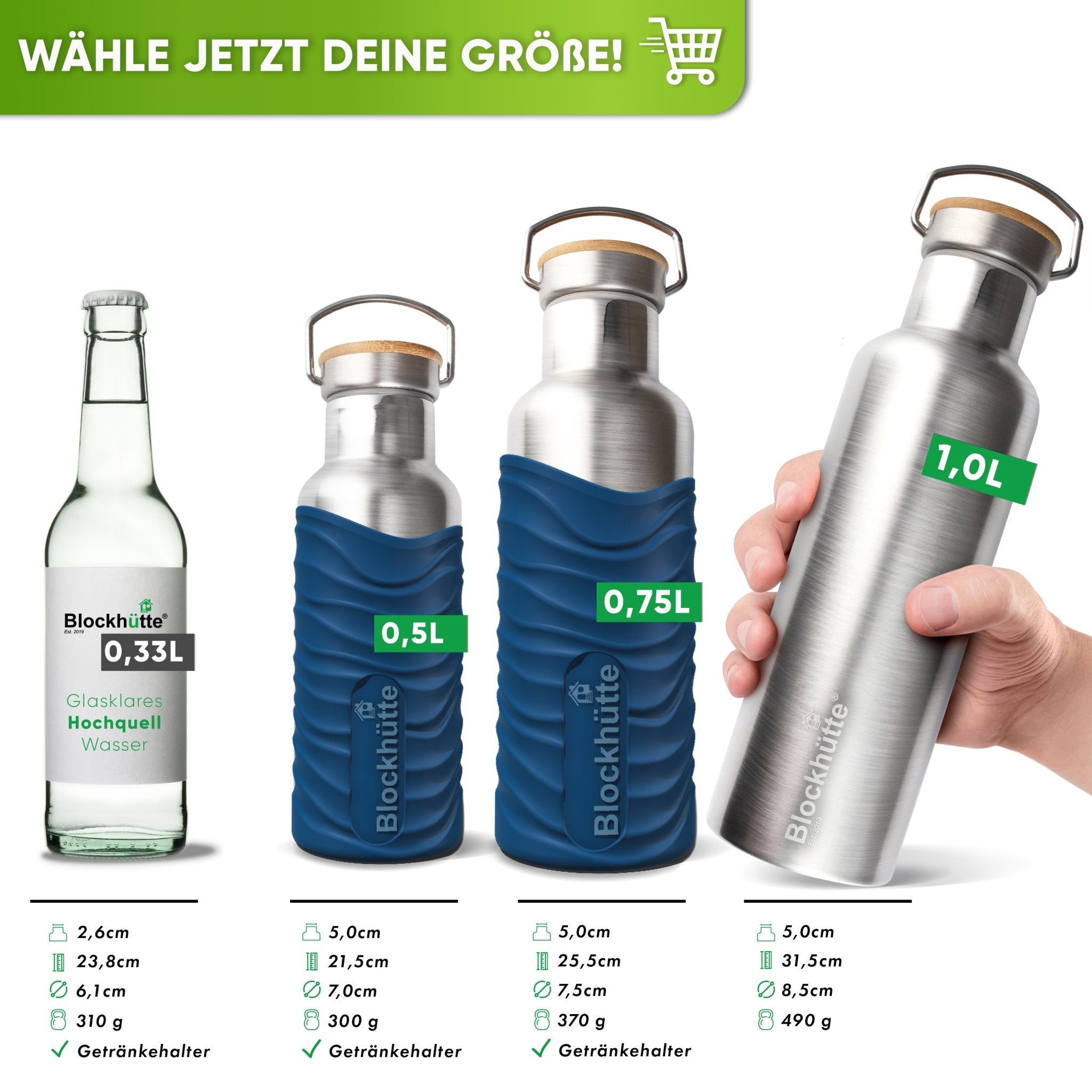 Premium Edelstahl Trinkflasche isoliert mit Silikonmantel - Blockhütte - BH0007-BLAU
