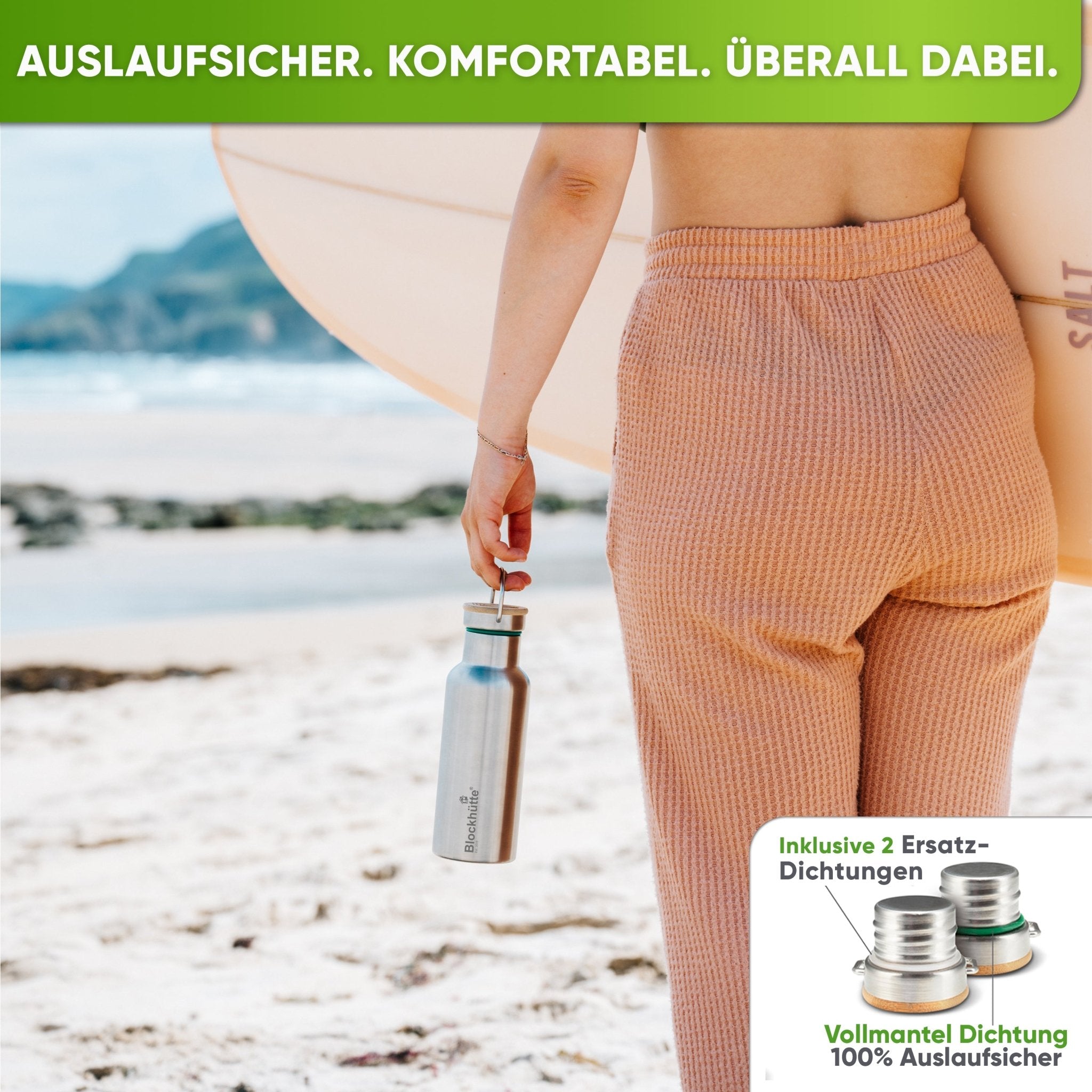 Premium Edelstahl Trinkflasche isoliert mit Silikonmantel - Blockhütte - BH0007-BLAU