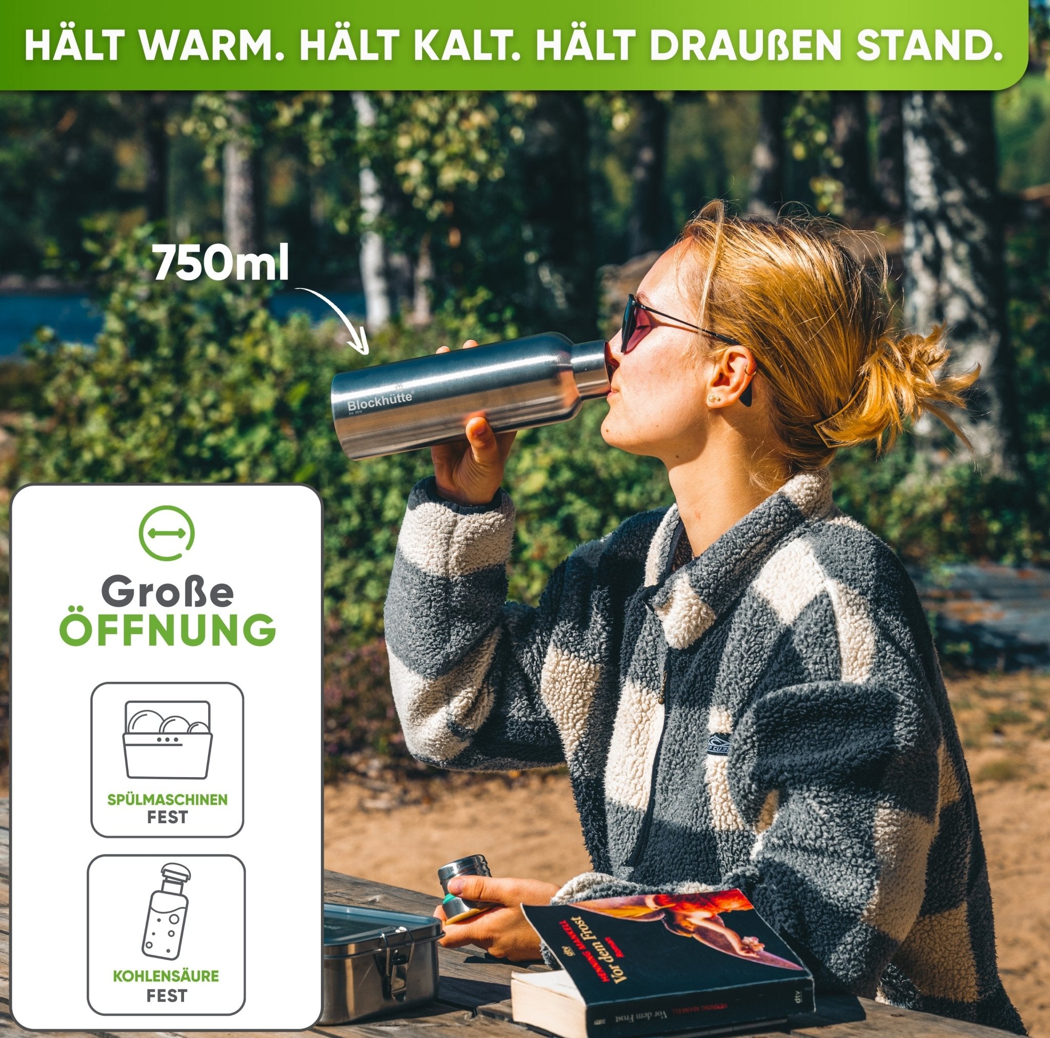 Premium Edelstahl Trinkflasche isoliert mit Silikonmantel - Blockhütte - BH0007-BLAU