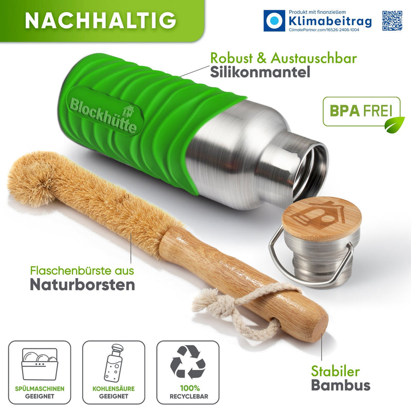 Premium Edelstahl Trinkflasche isoliert mit Silikonmantel - Blockhütte - BH0007 - DUNKELGRUEN