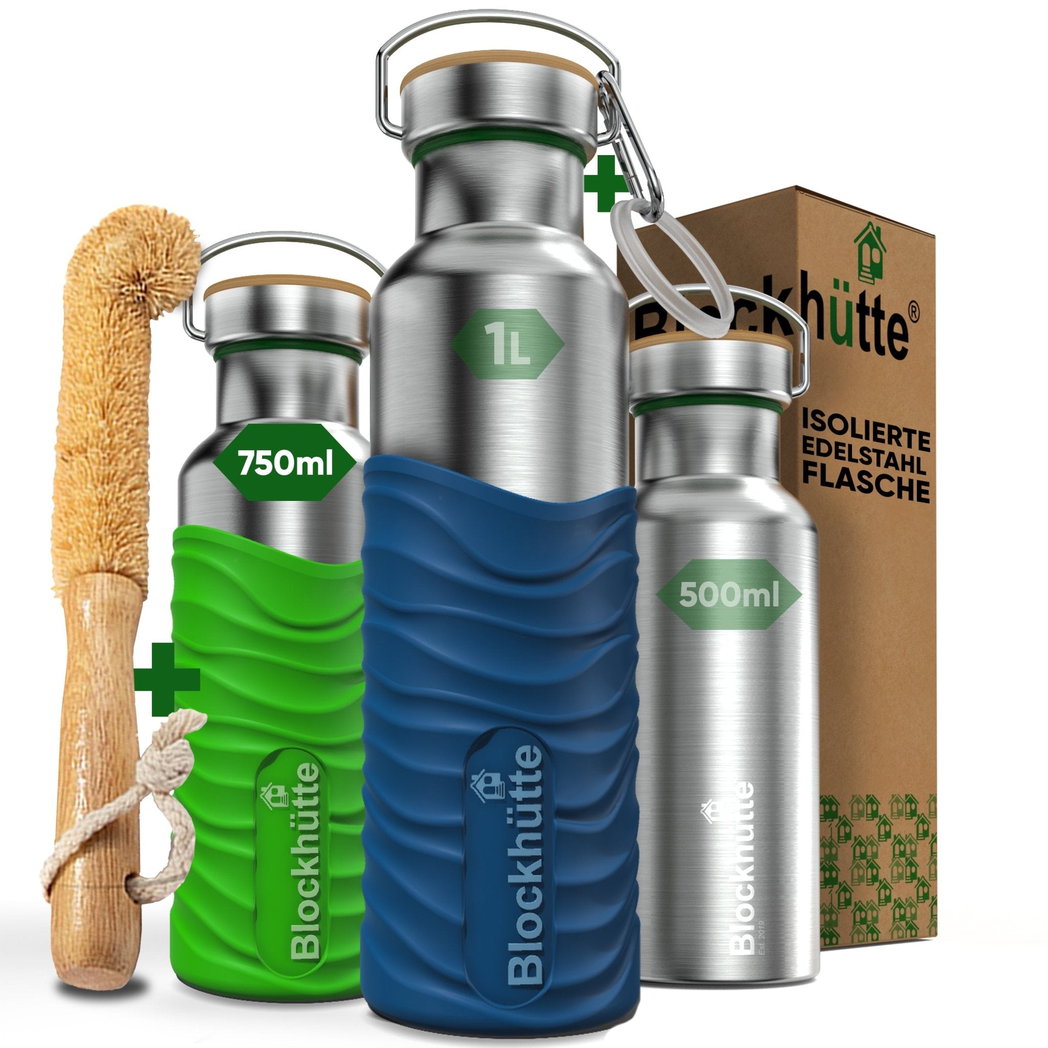 Premium Edelstahl Trinkflasche isoliert mit Silikonmantel - Blockhütte - BH0007-GIFTGRUEN