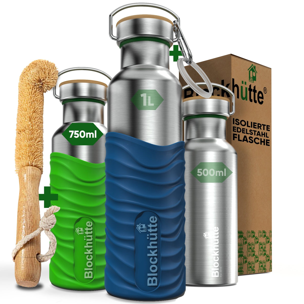 Premium Edelstahl Trinkflasche isoliert mit Silikonmantel - Blockhütte - BH0007-GIFTGRUEN