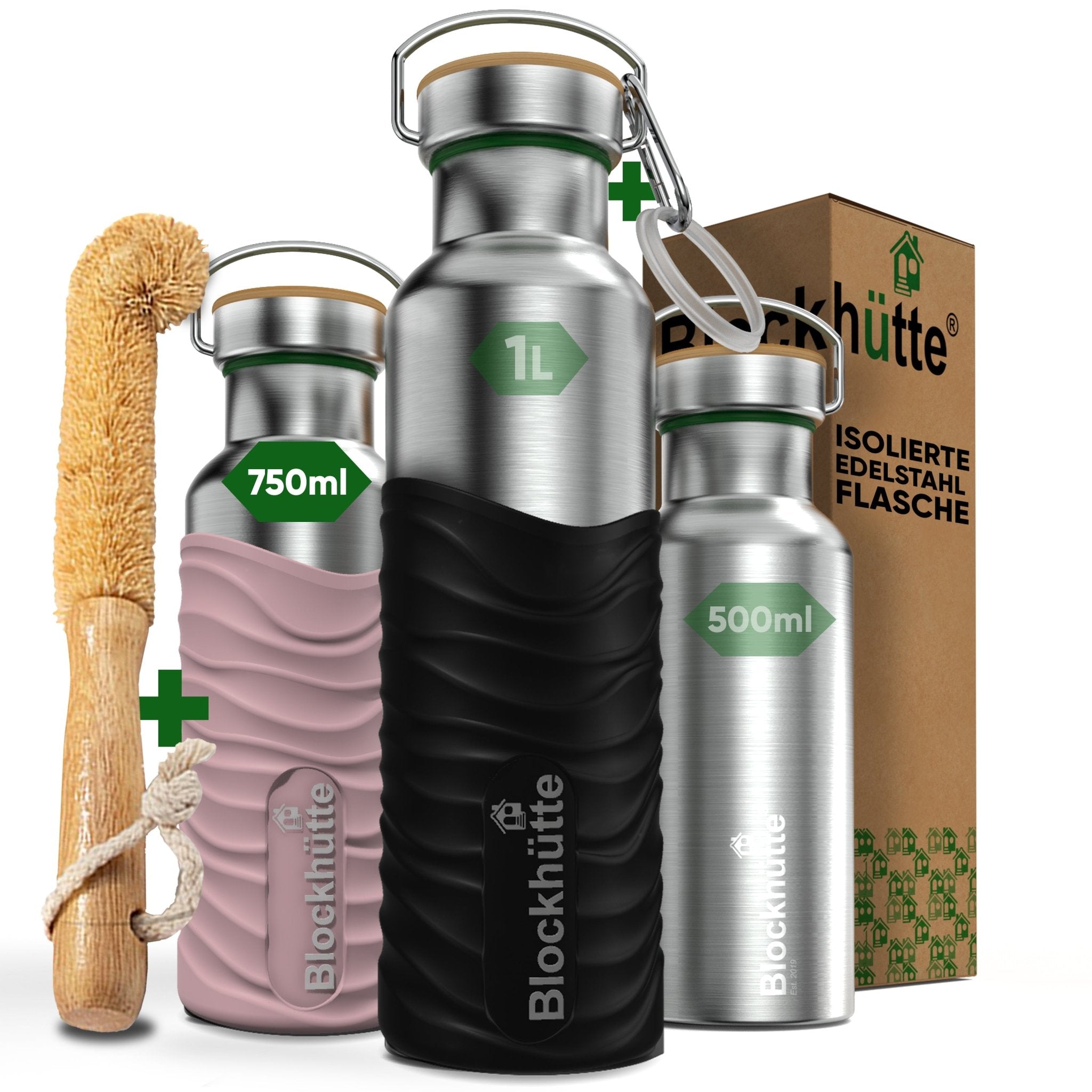 Premium Edelstahl Trinkflasche isoliert mit Silikonmantel | 750ml | Schwarz