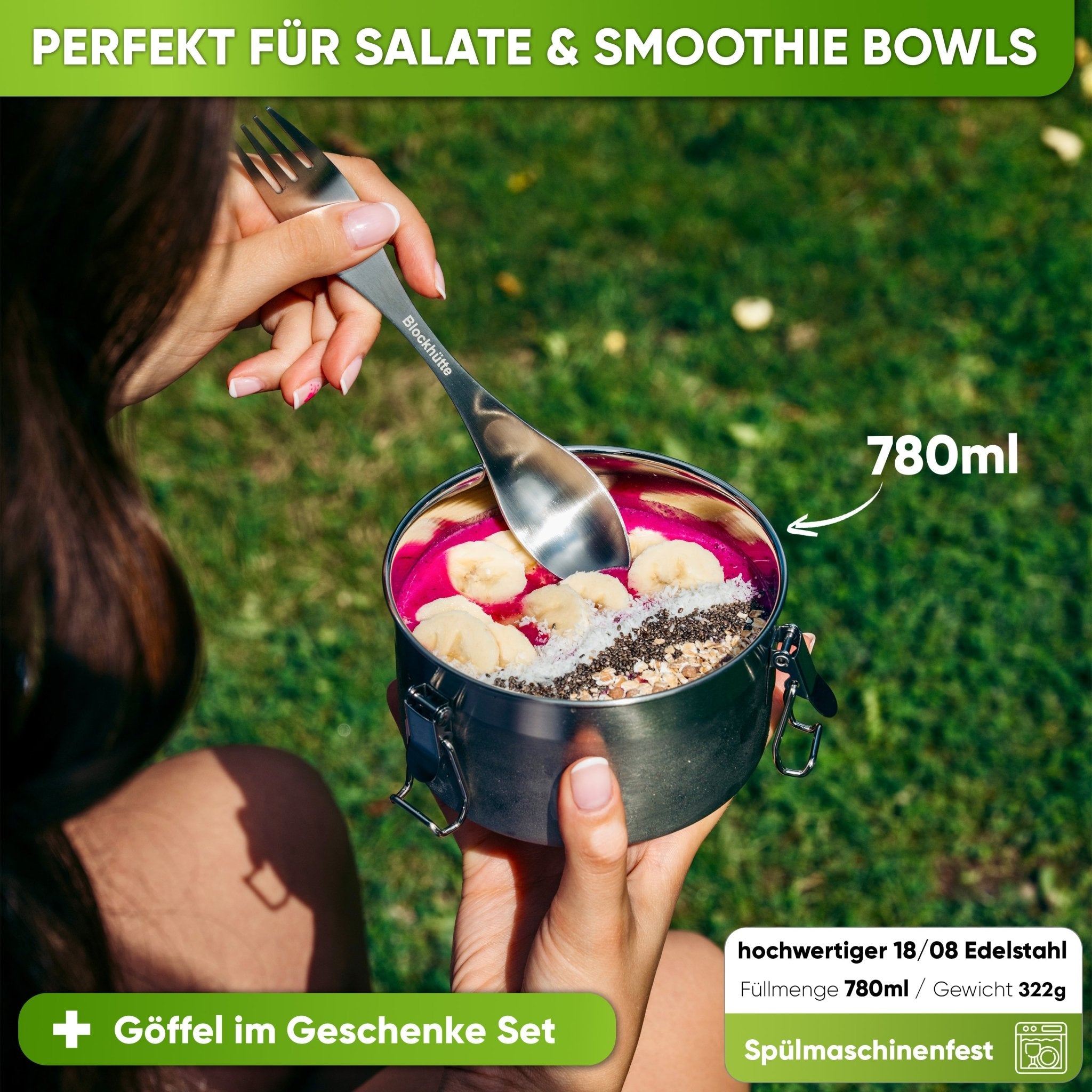 Runde Lunchbox aus Edelstahl mit Dichtung & Löffel - Blockhütte - BH0029