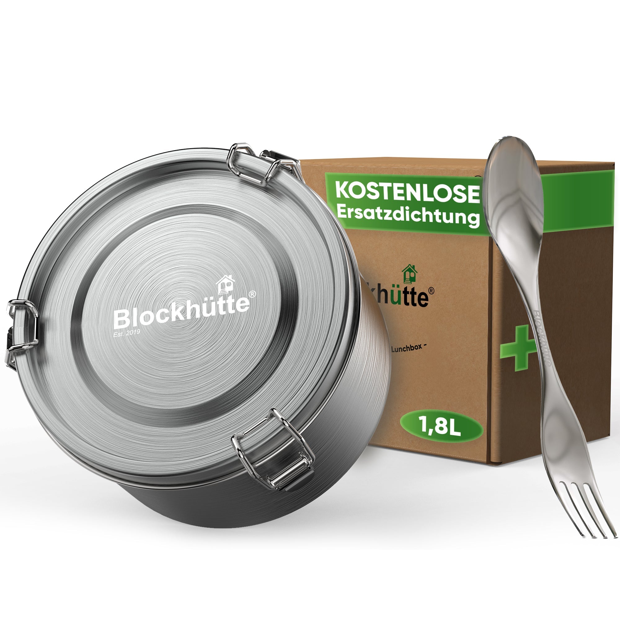 Runde Lunchbox aus Edelstahl mit Dichtung & Löffel - Blockhütte - BH0029