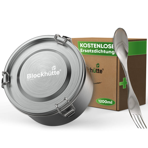 Runde Lunchbox aus Edelstahl mit Dichtung & Löffel