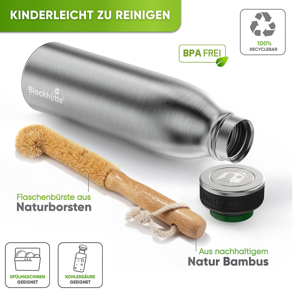Premium Edelstahl Sport Trinkflasche isoliert mit [GRATIS Naturborsten - Bürste] - Blockhütte