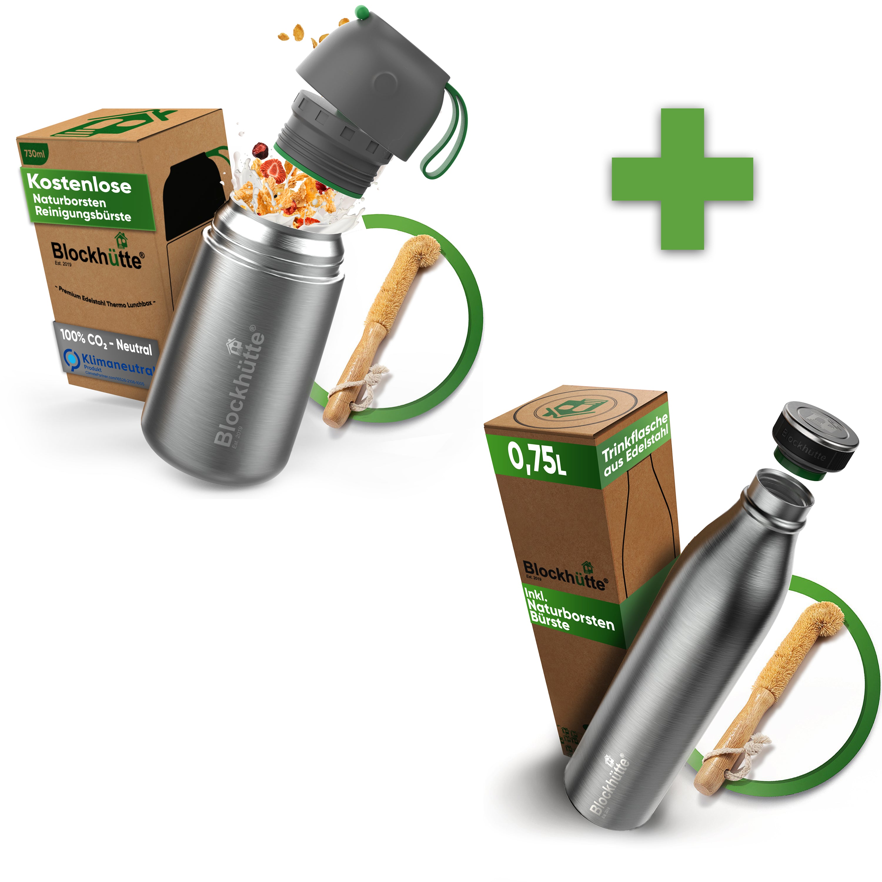 Freizeit Bundle - Edelstahl Thermobehälter + Edelstahl Sport Trinkflasche - Blockhütte