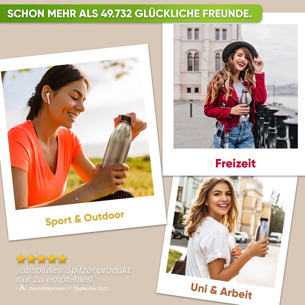 Premium Edelstahl Sport Trinkflasche isoliert mit [GRATIS Naturborsten - Bürste] - Blockhütte - BH0016